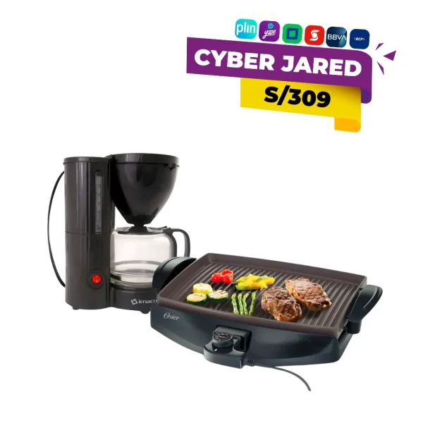 Combo de electrodomésticos: Parrilla eléctrica/plancha Oster CKSTGR4768 de color negro y plateado, junto a una cafetera de goteo Imaco CM608N con jarra de vidrio.