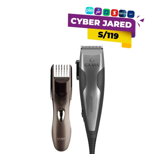 Máquina cortadora de cabello GAMA GM 566 con un set de 29 accesorios, que incluye diversos peines guía, tijeras, aceite y un maletín de almacenamiento.