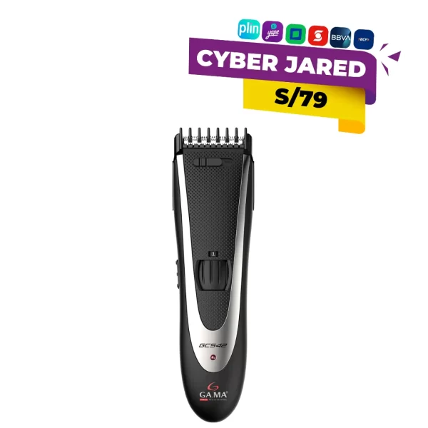 Máquina cortadora de cabello GAMA Clipper GC 542, de color negro o gris, con cable, cuchillas de acero inoxidable y peines guía.