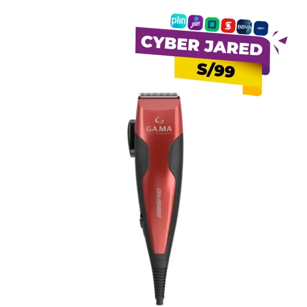 Máquina cortadora de cabello GAMA GM 566, color negro/gris, con cuchillas de acero inoxidable y kit de 13 piezas incluyendo peines guía y accesorios.