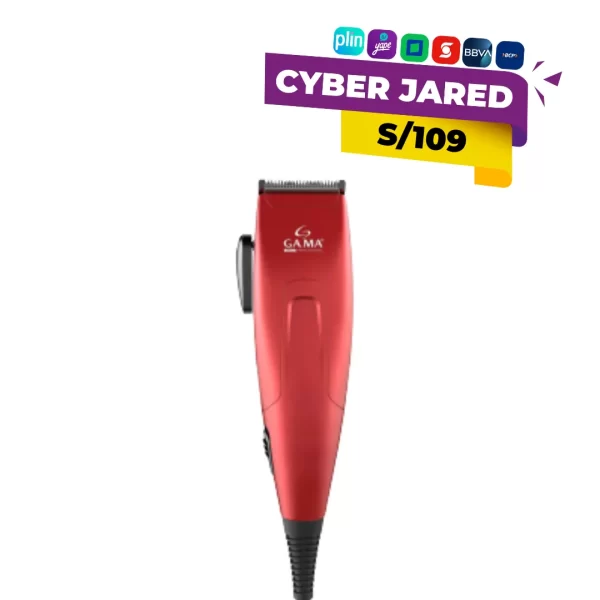 Máquina cortadora de cabello GAMA Profesional con un estuche o maletín que contiene 24 accesorios, incluyendo peines guía, tijeras y aceite lubricante.