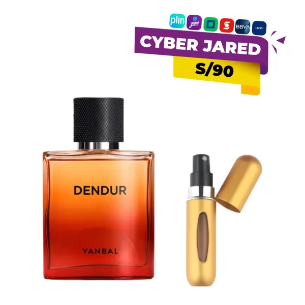 Set de Perfume Yanbal DENDUR (frasco oscuro y robusto) y un atomizador de viaje recargable, listos para usar y transportar la fragancia.