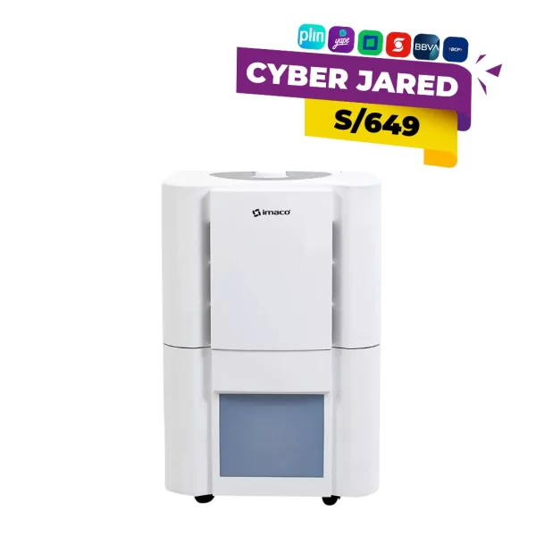 Deshumedecedor de aire Imaco DHM2610, color blanco, con panel de control superior, tanque de agua visible y capacidad para remover hasta 10 litros de humedad por día.