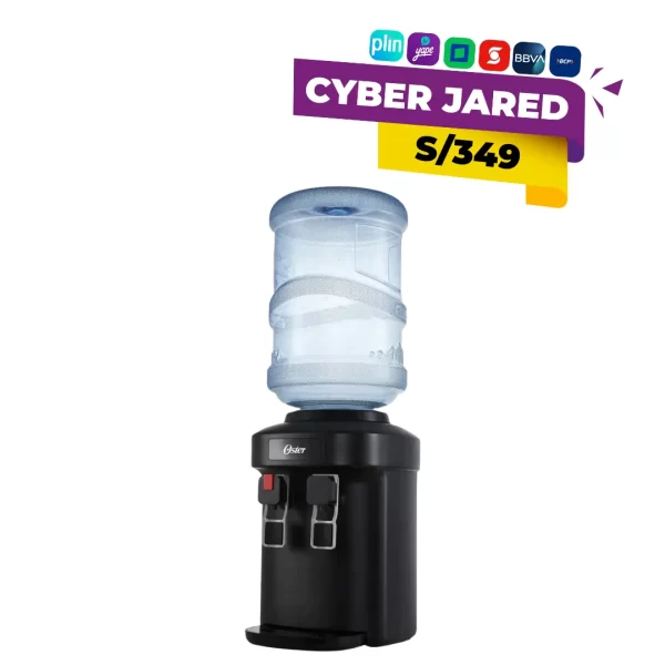 Dispensador de agua eléctrico Oster OS-PWD522B de alta gama, con carga del botellón oculta en el gabinete inferior y tres grifos para agua fría, natural y caliente.