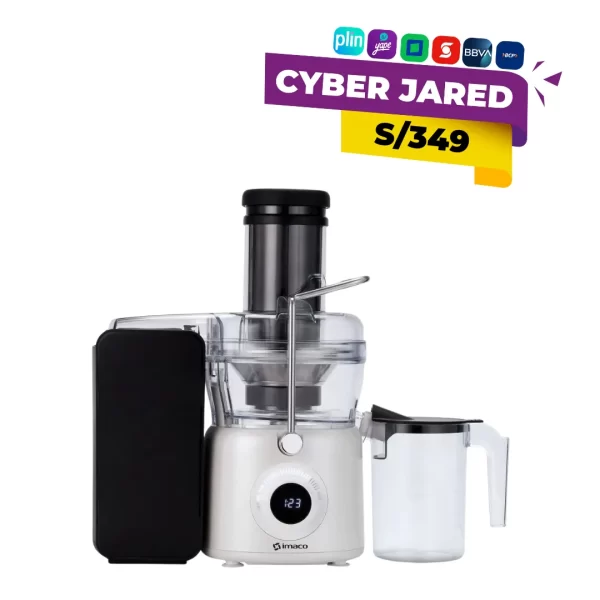 Extractor de jugos eléctrico Imaco JE1084 de 1000W, color blanco, con boca de alimentación ancha, filtro de acero inoxidable y depósito para pulpa.