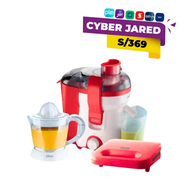 Combo de electrodomésticos de cocina que incluye un extractor de jugos de boca ancha, una sandwichera compacta de dos cavidades y un exprimidor de cítricos eléctrico o manual.