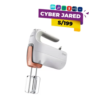 Batidora de mano eléctrica Oster FPSTHMAMR, color plateado y negro, con batidores de acero inoxidable y selector de velocidad.