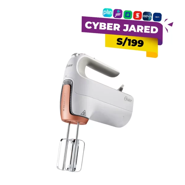 Batidora de mano eléctrica Oster FPSTHMAMR, color plateado y negro, con batidores de acero inoxidable y selector de velocidad.