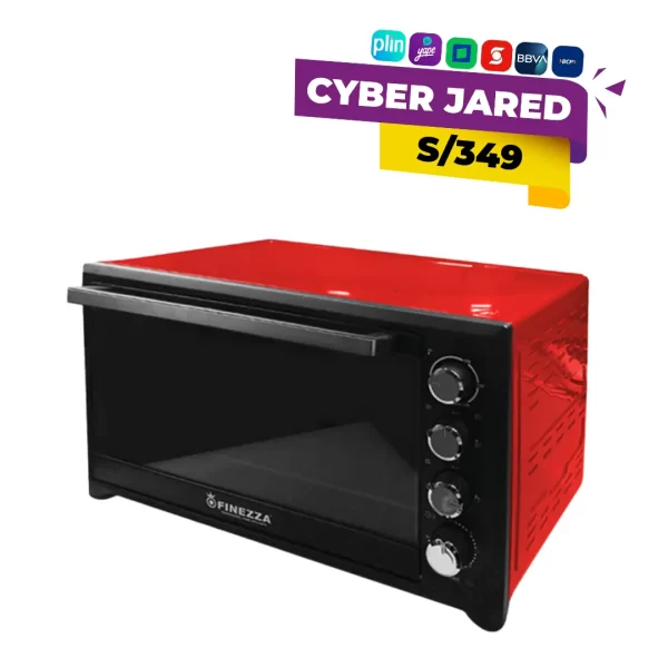 Horno eléctrico de sobremesa Finezza FZ-3060HE, color rojo, con capacidad de 60 litros, puerta de vidrio templado y perillas de control manual.