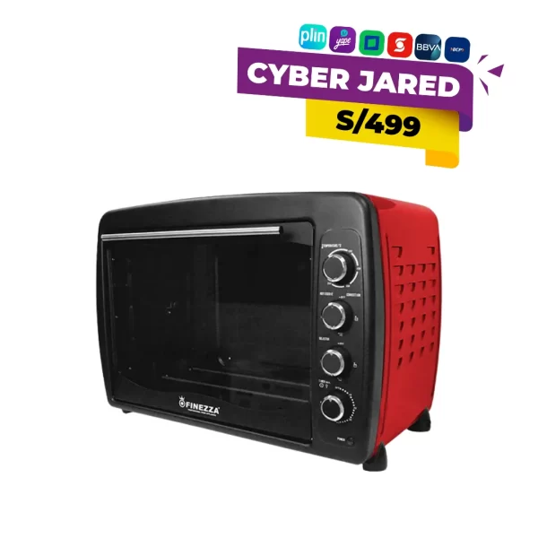 Horno eléctrico de sobremesa Finezza FZ-3065HE, color rojo, con capacidad de 65 litros, puerta de vidrio templado y perillas de control manual.