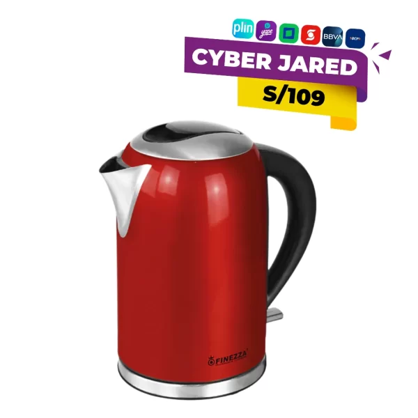Hervidor eléctrico Finezza FZ-630H de 2 litros, con cuerpo metálico de acero inoxidable, color rojo, base giratoria y tapa con seguro.