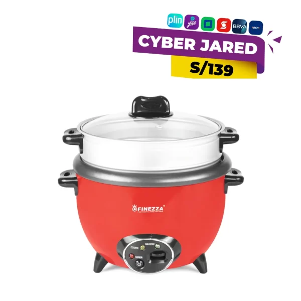 Olla Arrocera Multiuso Finezza modelo FZ-640R, color rojo, con tapa de vidrio y capacidad para 1.8 litros o 10 tazas de arroz.