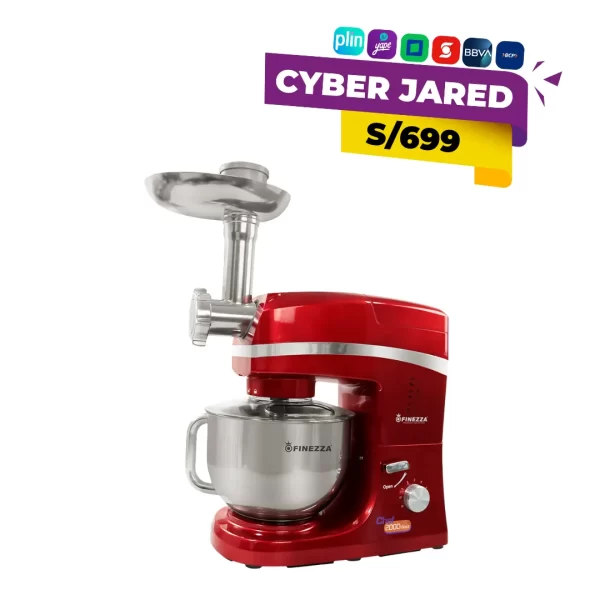 Batidora de pedestal multifuncional Finezza FZ-6820B, color rojo, con motor de 2000W, tazón de acero inoxidable y accesorio moledor de carne.