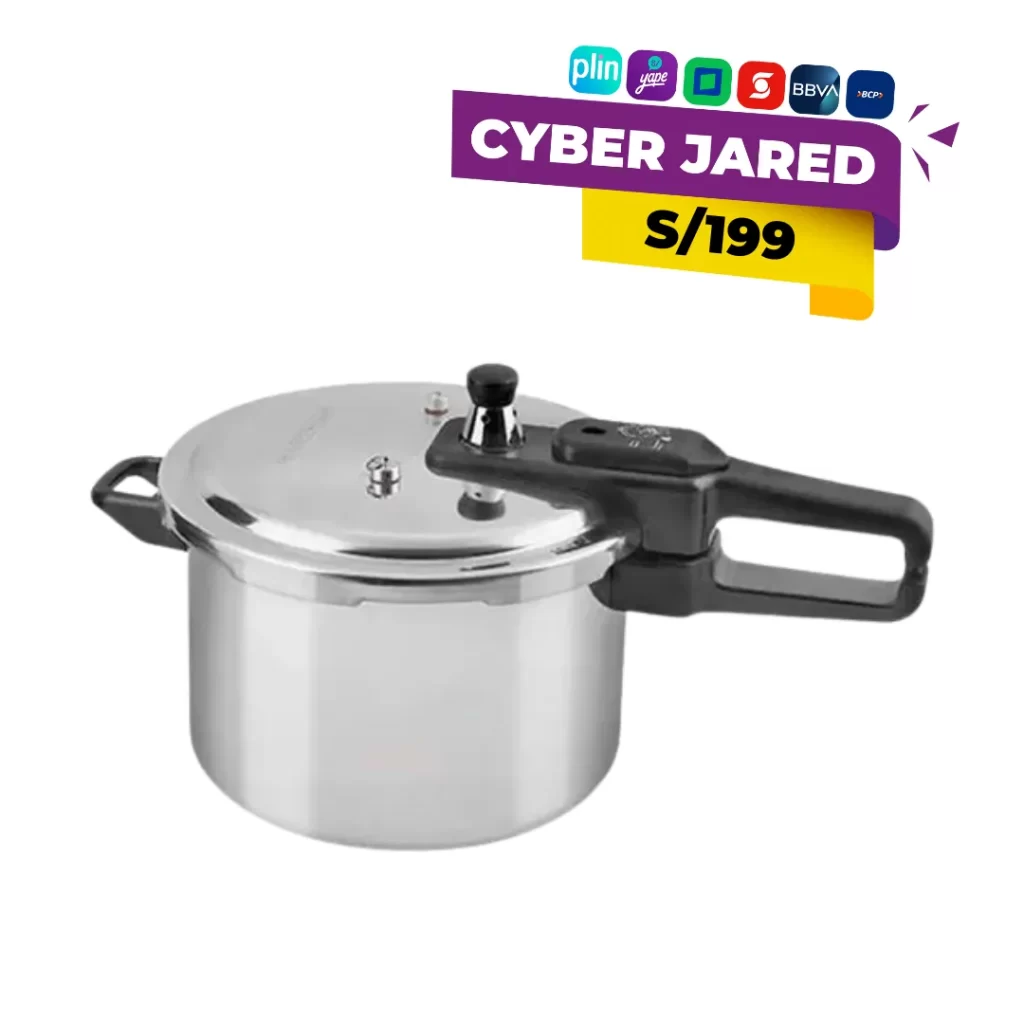 Olla a presión de 7 litros Finezza FZ-7050, fabricada en aluminio pulido, con asas laterales y sistema de seguridad en la tapa.