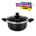 Olla de cocina Finezza FZ-X324AH de 24 cm de diámetro, con cuerpo de aluminio, recubrimiento antiadherente negro y tapa de vidrio templado.