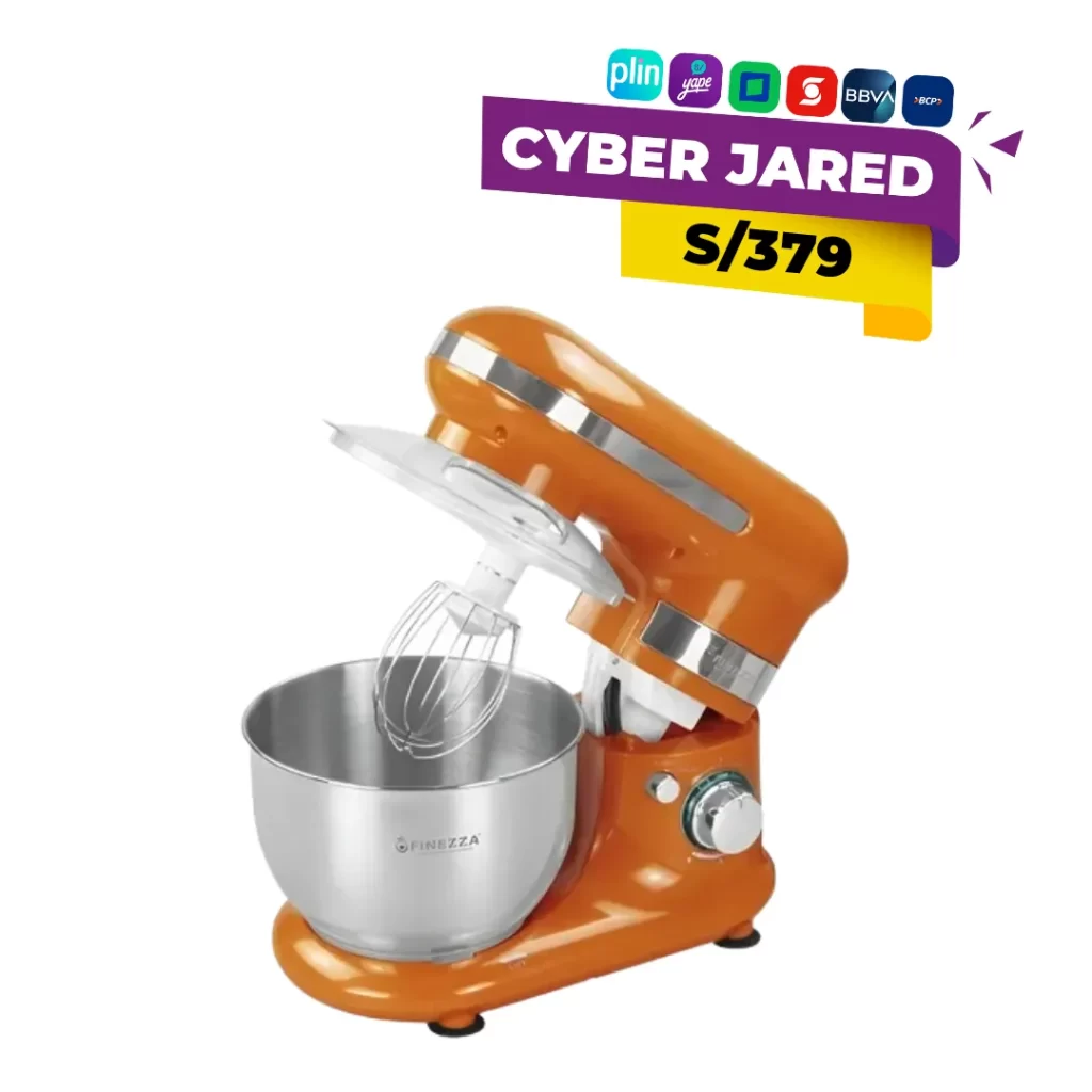 Batidora de tazón (pedestal) Finezza modelo FZ–6812B, de vibrante color naranja, con tazón de acero inoxidable y ganchos batidores.