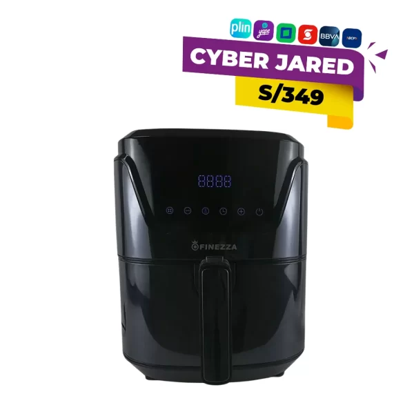 Freidora de aire Finezza FZ-680FA de 4.5 litros, de color negro, con pantalla de control digital, cesta de cocción y cuerpo compacto.