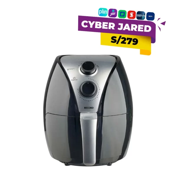 Freidora de aire eléctrica Record REC-INFDA250, de 2.5 litros de capacidad, color negro, con control de temperatura y temporizador mediante perillas.