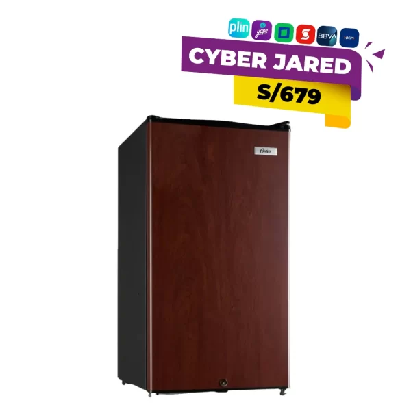 Frigobar o mini refrigerador Oster OS-PMB91WF de 91 litros, con puerta con acabado de madera, interior con compartimentos y congelador pequeño.