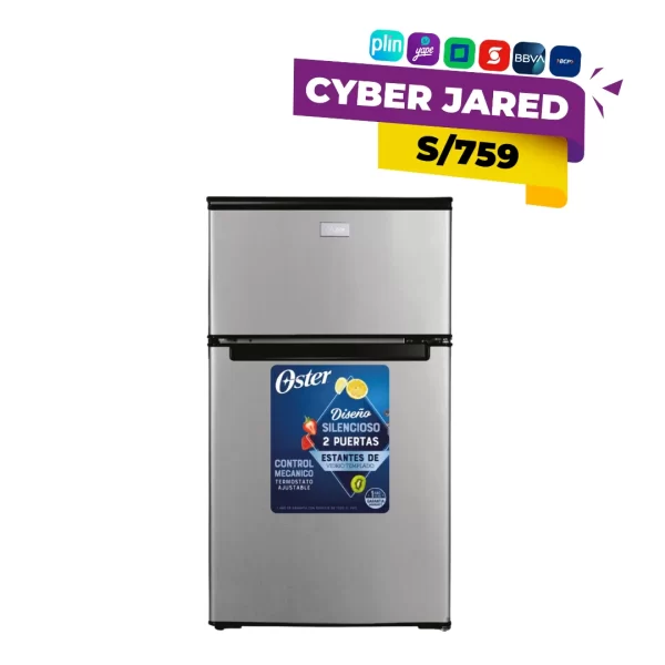 Frigobar o mini refrigerador Oster OS-PMB233BV de 85 litros, con puerta única, parrillas internas y pequeño compartimento de congelación.