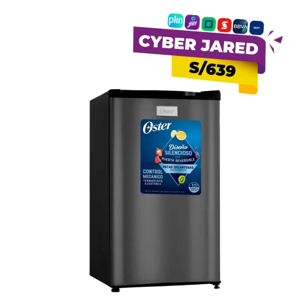 Frigobar o mini refrigerador Oster OS-PMBME92BB de 85 litros, de color negro, con puerta única y compartimentos interiores.