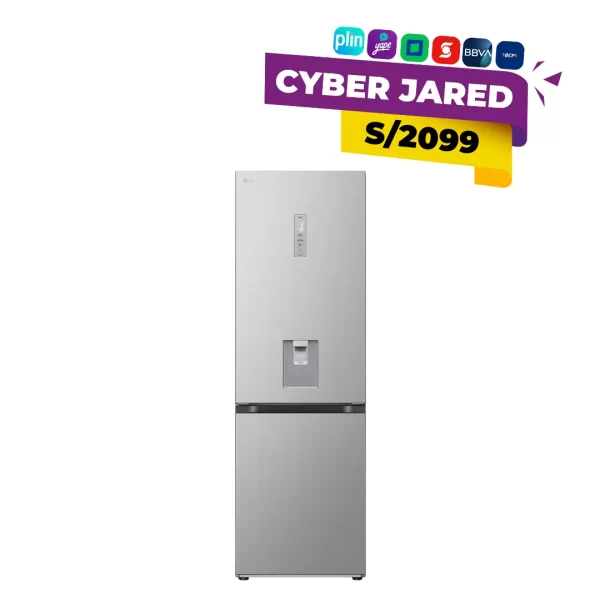 Refrigeradora LG de 339 litros, estilo Bottom Freezer (congelador inferior), color plateado o acero, con panel de control interno y manijas integradas.