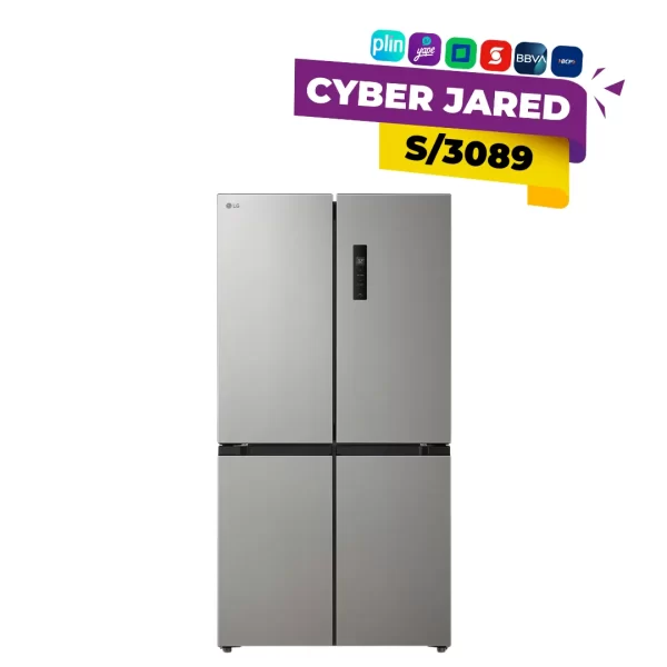 Refrigeradora LG de 424 litros, estilo French Door (dos puertas superiores y congelador inferior), color plateado o acero, con manijas horizontales.