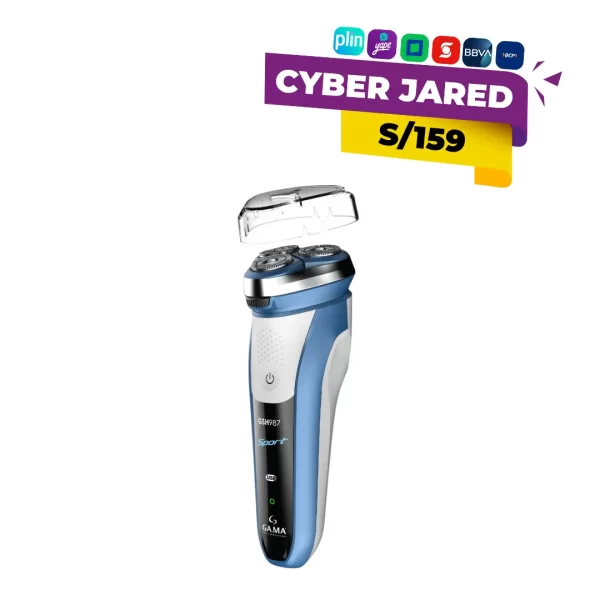 Afeitador eléctrico rotativo GAMA Sport GSH987, color azul y blanco, con cabezales flotantes y diseño ergonómico resistente al agua.