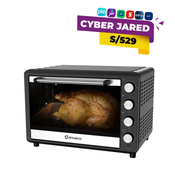 Horno eléctrico Imaco de 75 litros, modelo HEB75R, color negro con detalles plateados, mostrando la puerta de vidrio templado y el control de perillas.