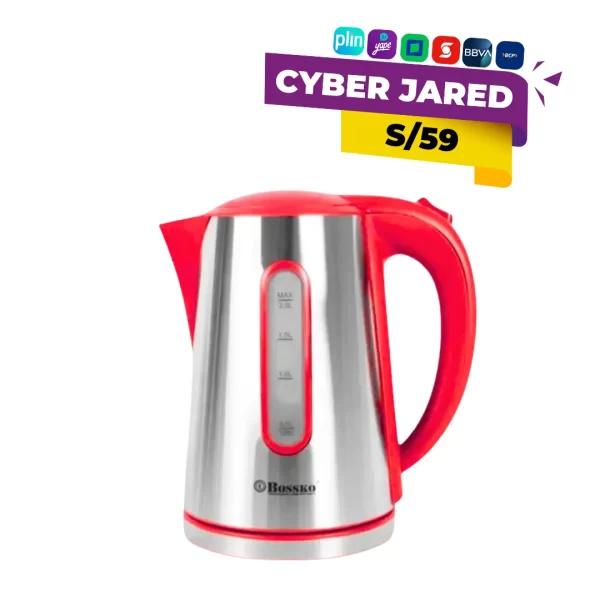 Hervidor de agua eléctrico Bossko BK-208H de 2 litros de capacidad, de color rojo, con base giratoria, indicador de nivel y apagado automático.