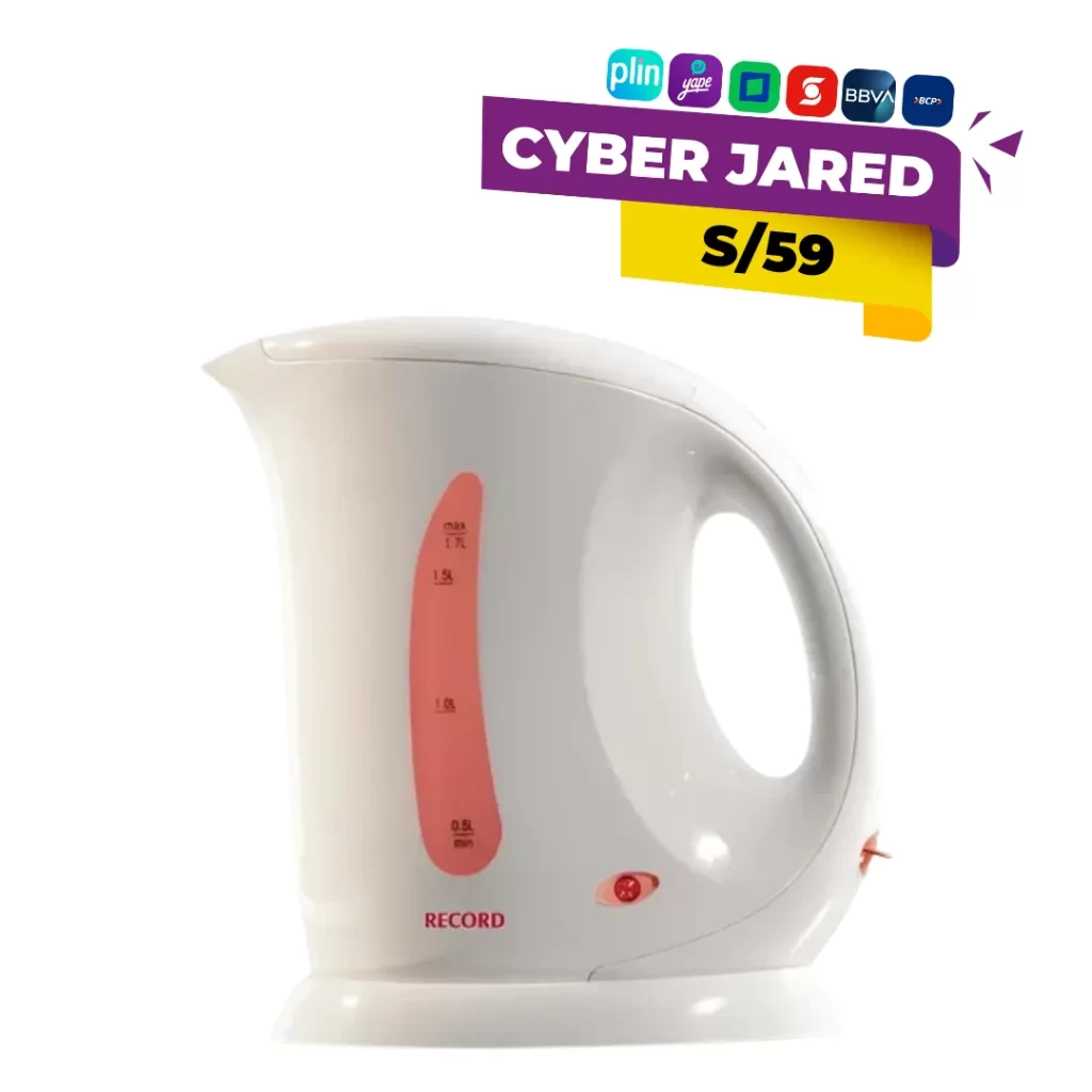 Hervidor de agua eléctrico Record REC-CLHBL100 de 1.7 litros, color blanco, con base de alimentación, tapa y asa ergonómica.