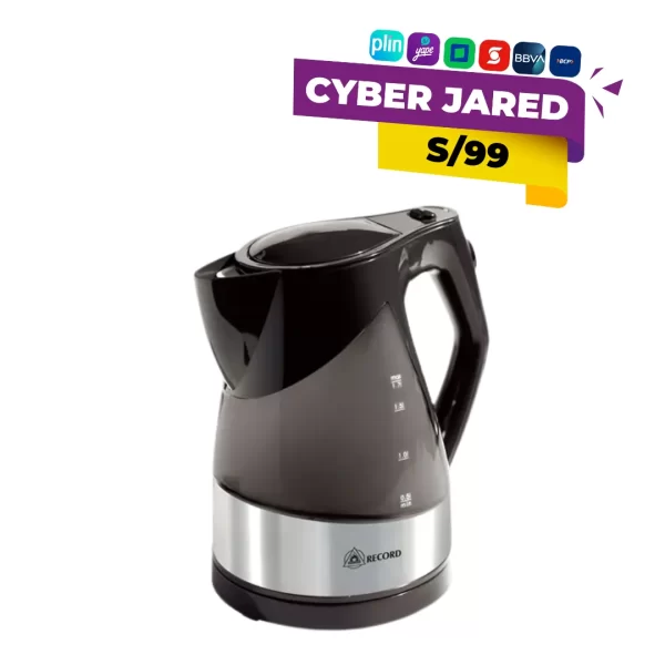 Hervidor de agua eléctrico Record REC-INHAC100 de 1.8 litros, fabricado en acero inoxidable plateado, con base giratoria y asa de color negro.