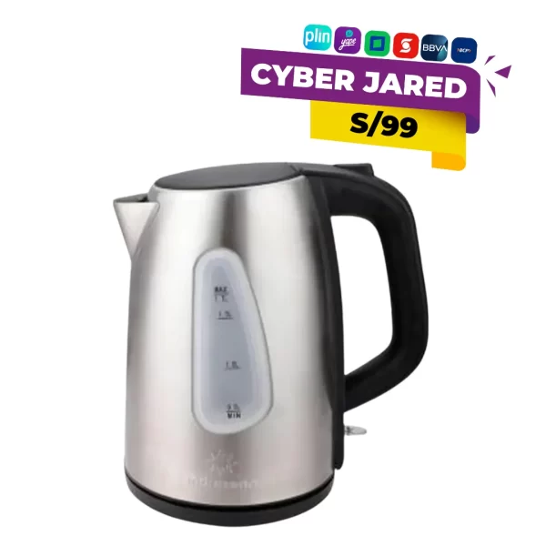 Hervidor eléctrico Indurama HI-INX, de 1.7 litros de capacidad, con cuerpo plateado de acero inoxidable y base giratoria de 360 grados.