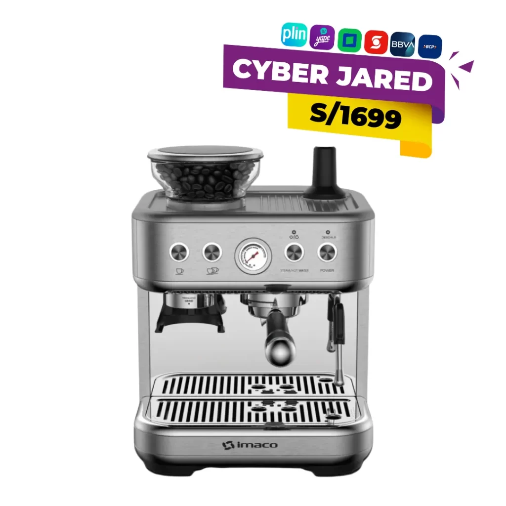 Cafetera eléctrica express Imaco IECMG1570, color negro y plateado, con bomba de 15 bares, depósito de agua y boquilla vaporizadora.