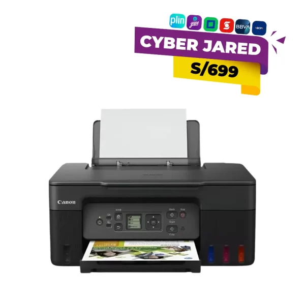 Impresora multifuncional Canon Pixma G3170, de color negro, con tanques de tinta de alta capacidad visibles y panel de control.