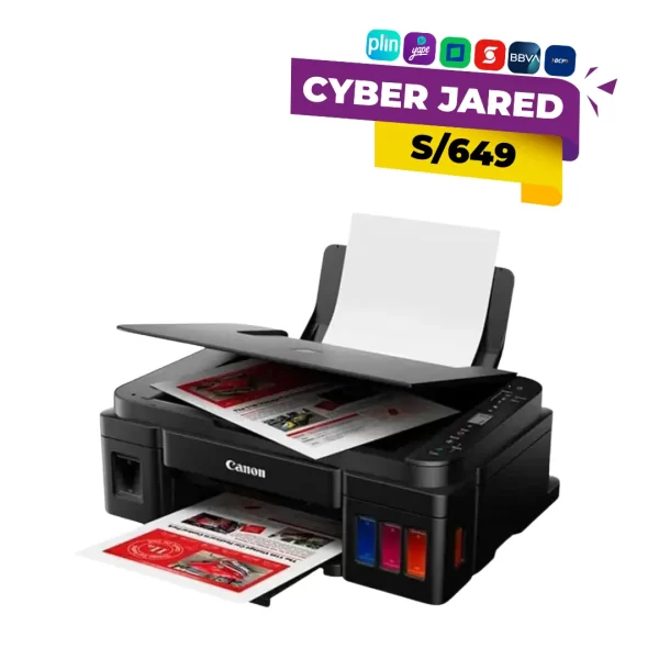 Impresora multifuncional Canon Pixma G3110 con conectividad Wi-Fi, de color negro, junto a un bote de Slime Elmer's.