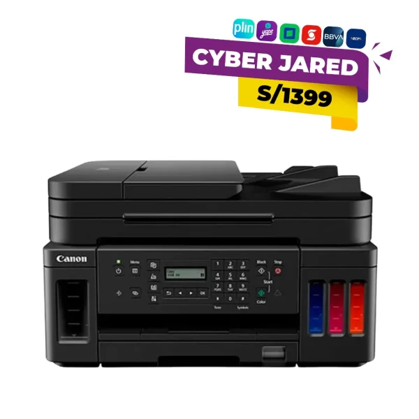 Impresora multifuncional 4 en 1 Canon Pixma G7010, color negro, con alimentador automático de documentos y tanques de tinta, junto a un bote de Slime Elmer's.
