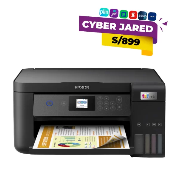 Impresora multifuncional Epson EcoTank L4260, de color negro, con sistema de tanques de tinta frontales, pantalla LCD y conectividad Wi-Fi.
