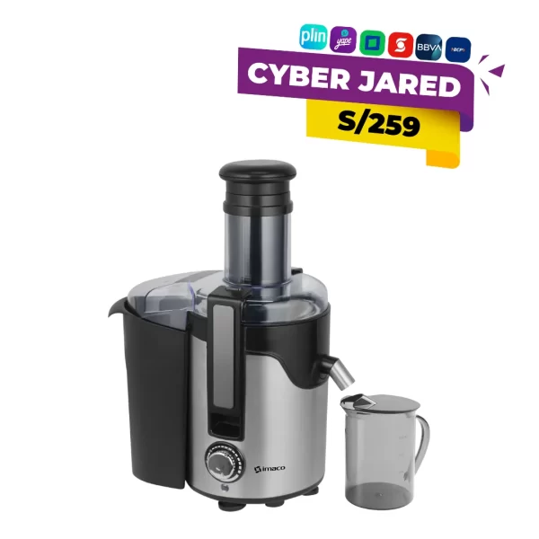 Extractor de jugos Imaco JE850FC, color plateado y negro, con cuerpo de acero inoxidable, boca de alimentación ancha y jarra para el jugo.