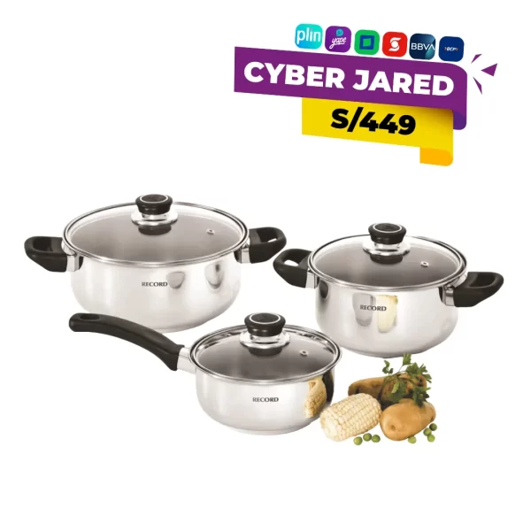Set de 6 piezas de ollas y cacerolas Record Encanto, fabricadas en acero inoxidable, con tapas de vidrio y asas remachadas.
