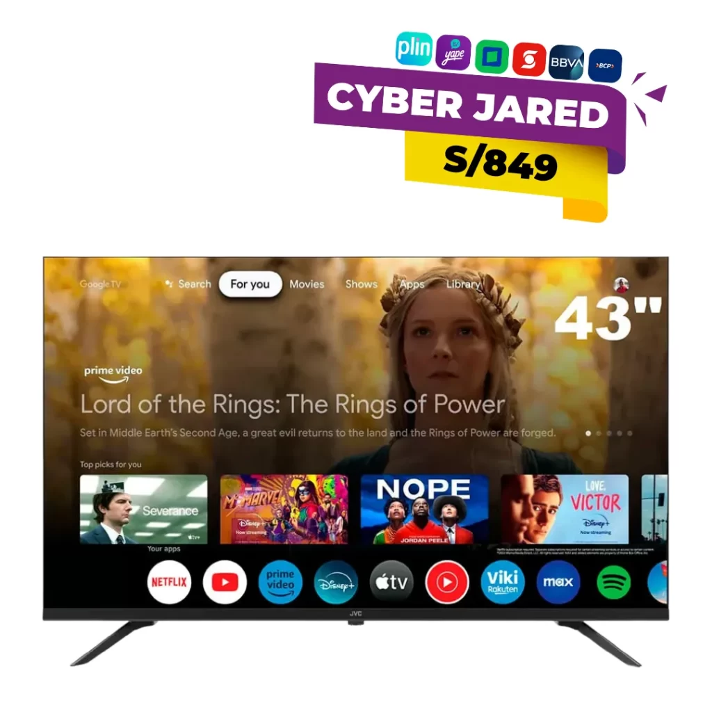 Televisor Smart TV JVC LT-43KM348N de 43 pulgadas, color negro, con resolución Full HD y diseño de biseles delgados.