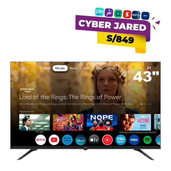 Televisor Smart TV JVC LT-43KM348N de 43 pulgadas, color negro, con resolución Full HD y diseño de biseles delgados.