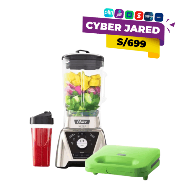 Combo de electrodomésticos Oster que incluye una licuadora con jarra (posiblemente de vidrio o plástico resistente) y una sandwichera con placas antiadherentes.