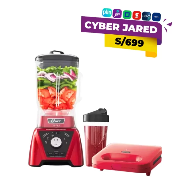 Combo de electrodomésticos Oster que incluye una licuadora con base de color rojo (BLST3B-RPG) y una sandwichera compacta con placas antiadherentes.