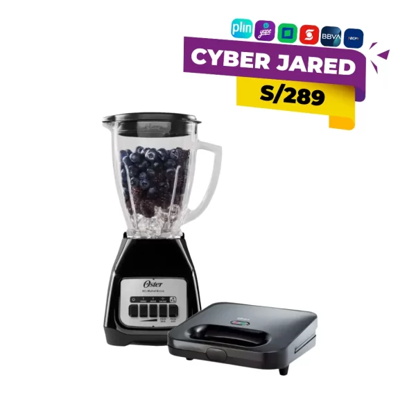 Combo de electrodomésticos Oster que incluye una licuadora de 2 velocidades con jarra de vidrio y una sandwichera compacta CKSTSM2885 de color negro.