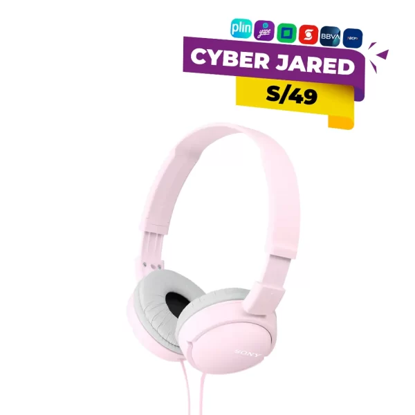 Audífonos de diadema over-ear Sony MDR-ZX110, color rosado pastel, con diseño plegable para transporte y diadema delgada.