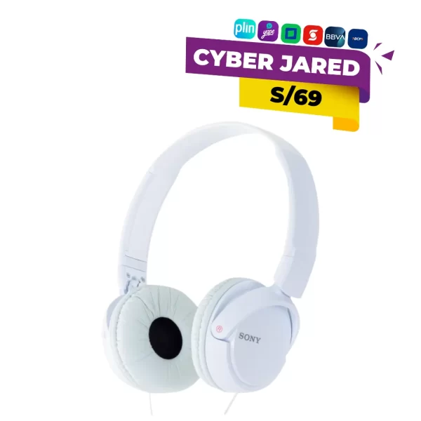 Audífonos supraaurales (on-ear) Sony MDR-ZX110AP, color blanco, con diseño plegable, diadema delgada y micrófono integrado en el cable.