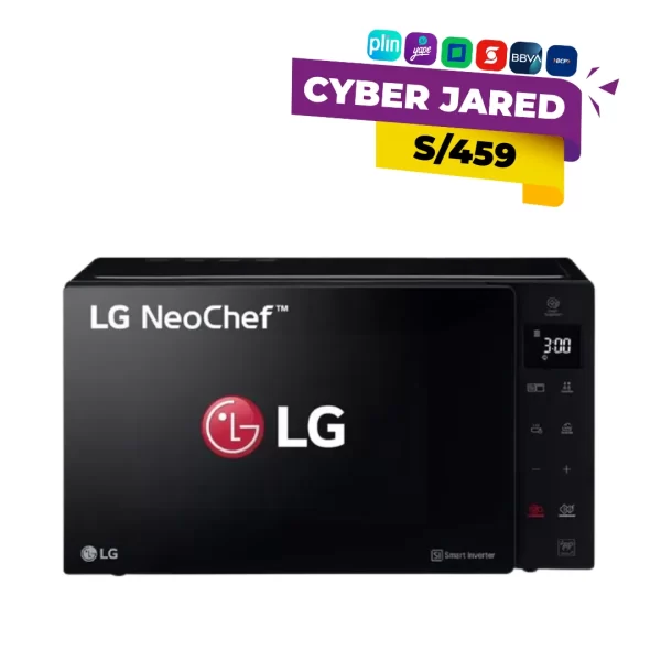 Horno microondas LG MH6536GIS, color negro, con capacidad de 25 litros, panel de control digital y tecnología Smart Inverter.
