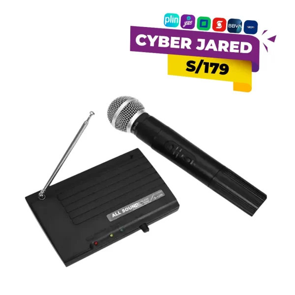 Micrófono dinámico de mano All Sound WP-1VP, con cuerpo negro o metálico, rejilla protectora y cable para uso semi-profesional.