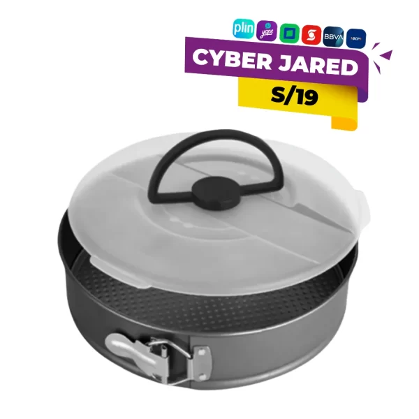 Molde redondo antiadherente RECORD, número 26 (aproximadamente 26 cm de diámetro), con mecanismo desmontable (springform) y tapa plástica para transporte.